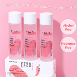 TIA'M acne toner bottles with alcohol and fragrance-free labels.